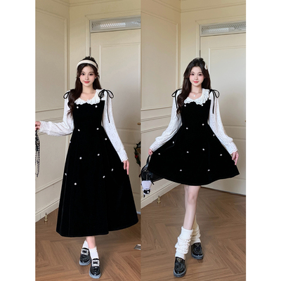 新品2025冬装新款胖mm大码女优雅气质假两件长短款丝绒连衣裙