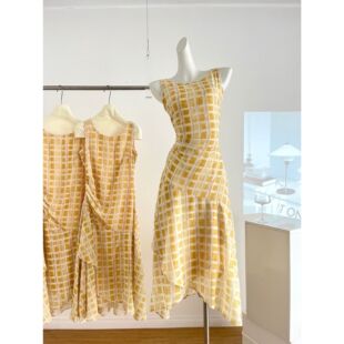 鹭青一原创叶轻舟复古格纹无袖连衣裙女夏季雪纺印花背心长裙