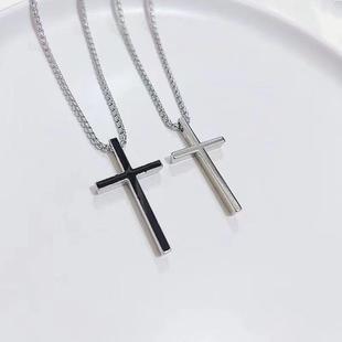 欧美跨境新款合金光面十字架男士项链嘻哈百搭长款毛衣链吊坠配饰