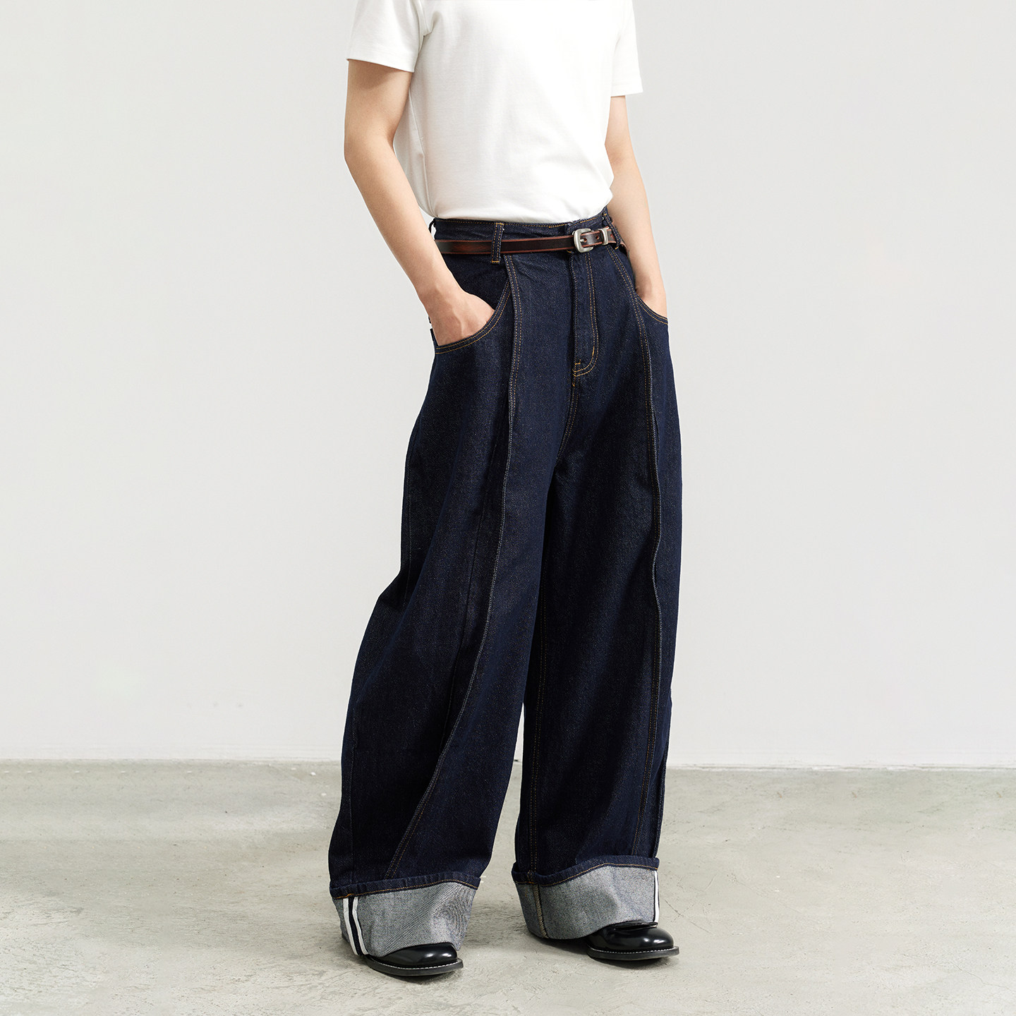 三木公白 小众设计阔腿牛仔裤男挽边 明辑线挺括直筒长裤宽松造型