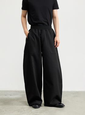 三木公白 黑色松紧腰阔腿休闲裤男宽松 极简抽绳弯刀裤利落宽松潮