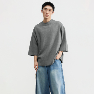 简约打褶灰色上衣 T恤男宽松高级感 三木公白 小众设计重磅七分袖