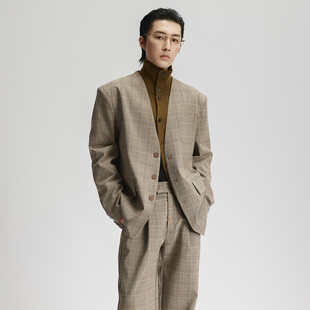 外套文艺潮 高级感立裁西装 三木公白 复古格纹休闲V领西服男宽松