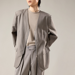 韩版 外套男v领高级感 设计感轻薄西服潮 冷淡系复古西装 三木公白