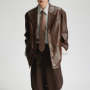 宽松休闲翻领夹克简约潮 外套男高级感 三木公白 日系复古皮衣西装