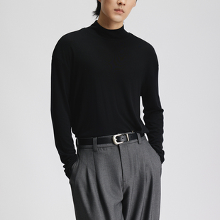 三木公白 复古半高领打底衫T恤男高级感 宽松垂坠天丝羊毛长袖