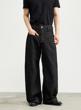 三木公白 复古原色直筒牛仔裤男黑色 明辑线宽松直筒长裤简洁利落