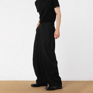 宽松垂感廓形休闲直筒裤 男高级感 简约亚麻解构阔腿西裤 三木公白