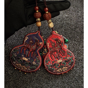 福禄双全香云纱小挂件新新中式国风手工手机包挂件刺绣葫芦钥匙扣