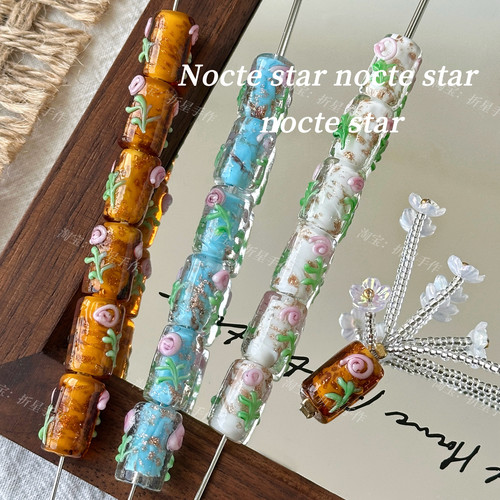 16mm琉璃圆柱玫瑰花筒珠 diy手工串珠手链项链手机链配件挂件材料
