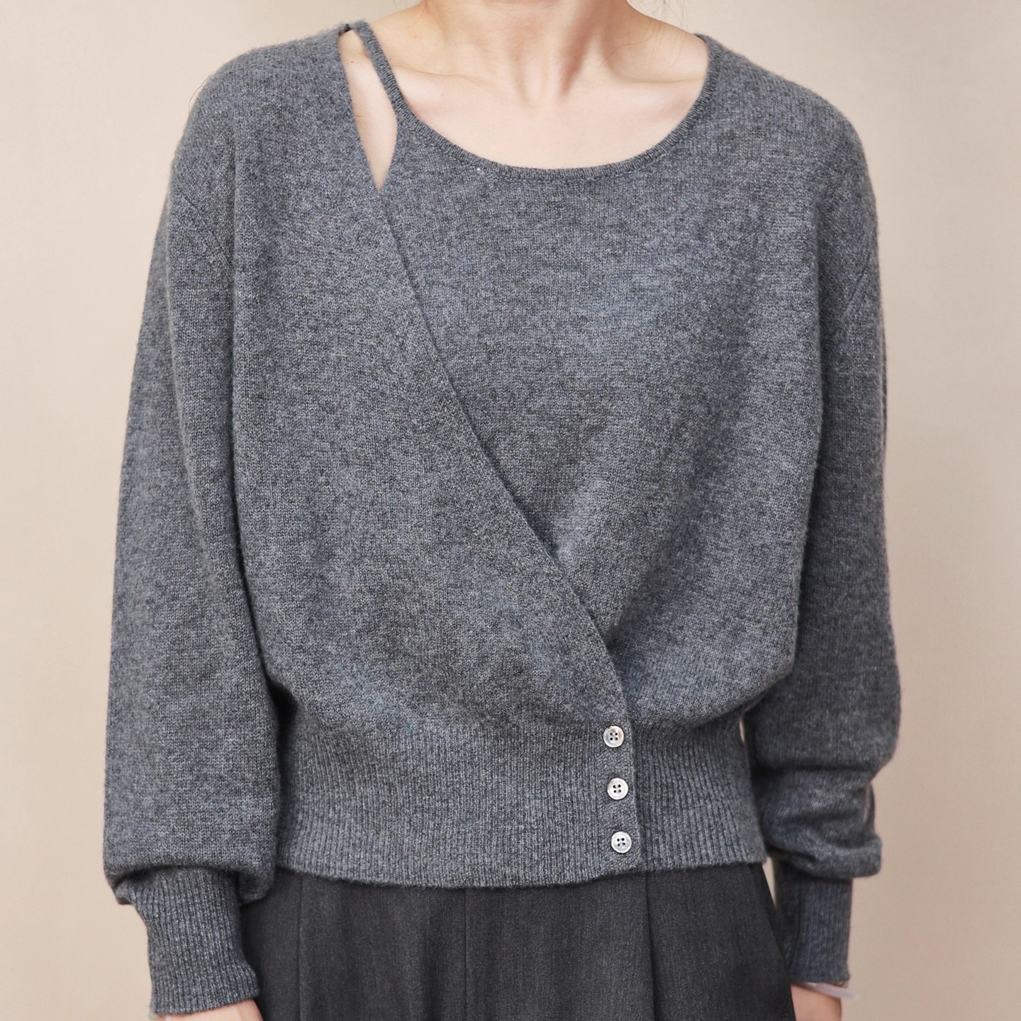 新款秋冬100纯山羊绒衫女小众单面假两件设计感针织衫宽松百搭