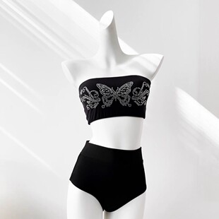 蝴蝶烫钻抹胸heels防走光短上衣jazz高弹性感黑色裹胸内衣爵士舞