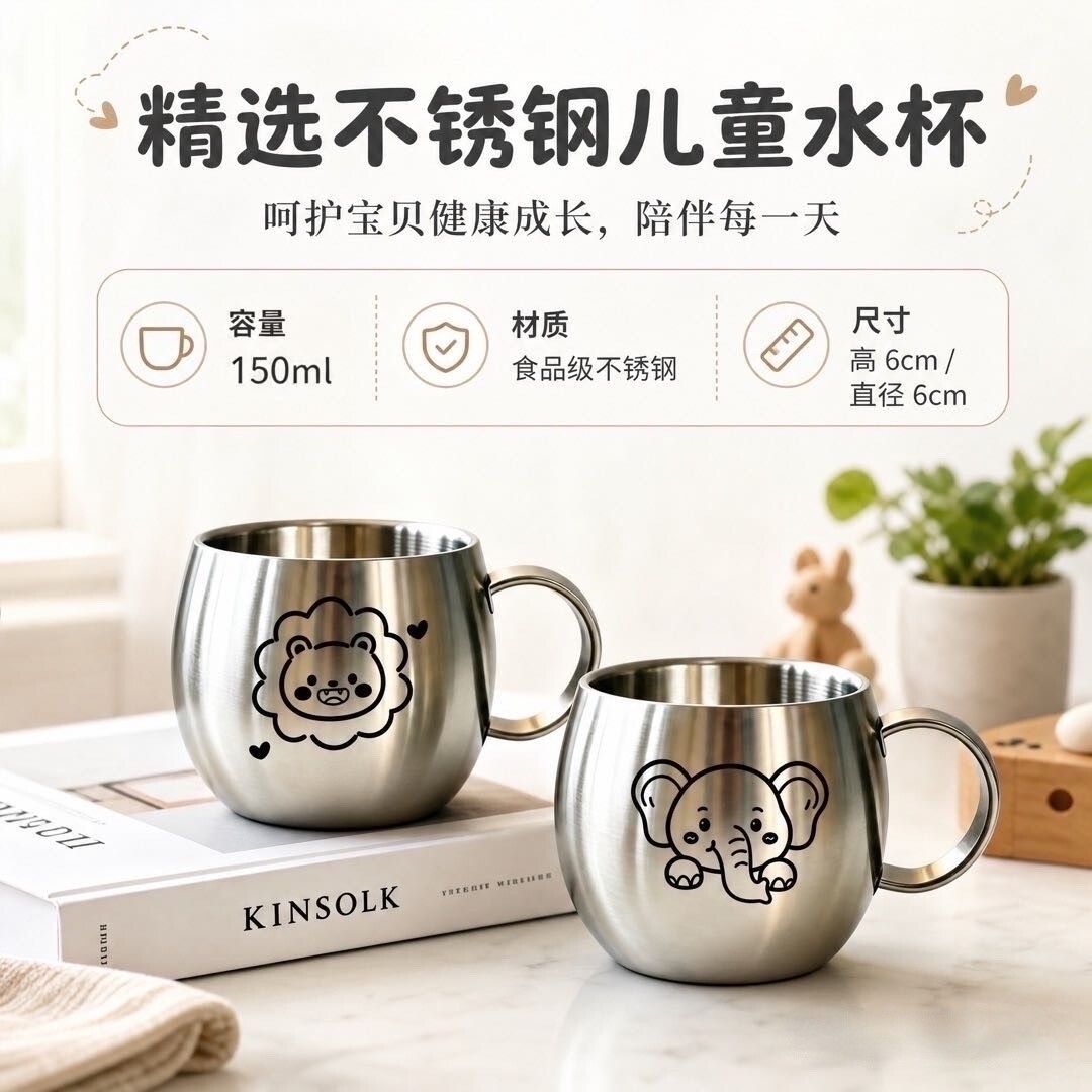 304不锈钢抗菌儿童防烫防摔杯