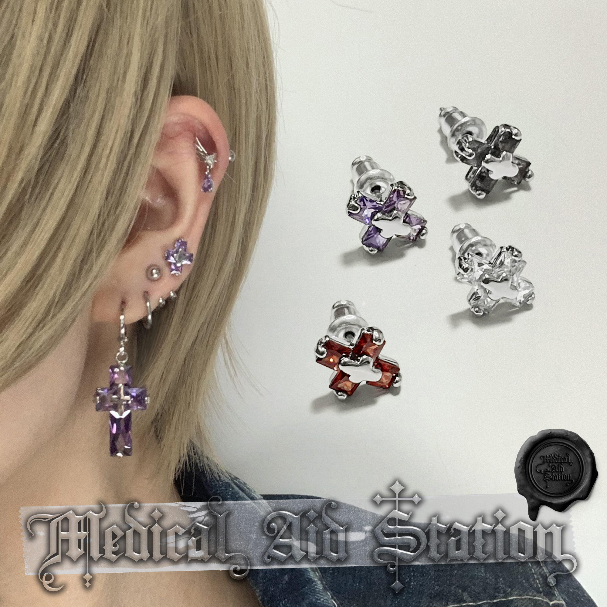 锆石十字多色镀白金耳钉