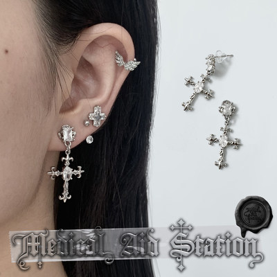S925银针锆石复古十字架耳钉耳环