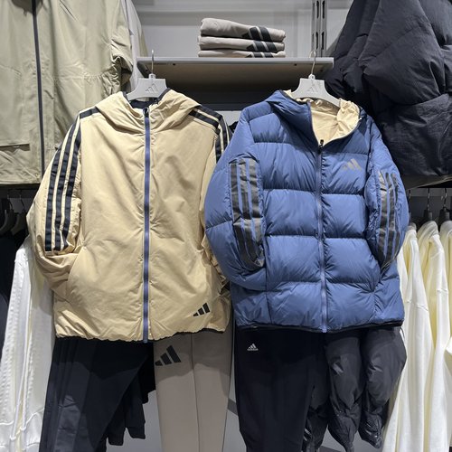 adidas阿迪达斯面包服三条杠冬装2024男蓬松双面连帽羽绒服JM4623