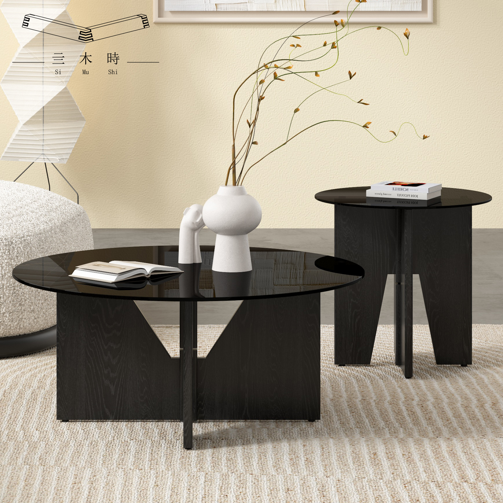 现代简约圆形茶几黑色玻璃
