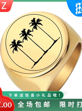 新款欧美Ins风三颗树图章几何光面戒指 潮流不锈钢圆形指环男