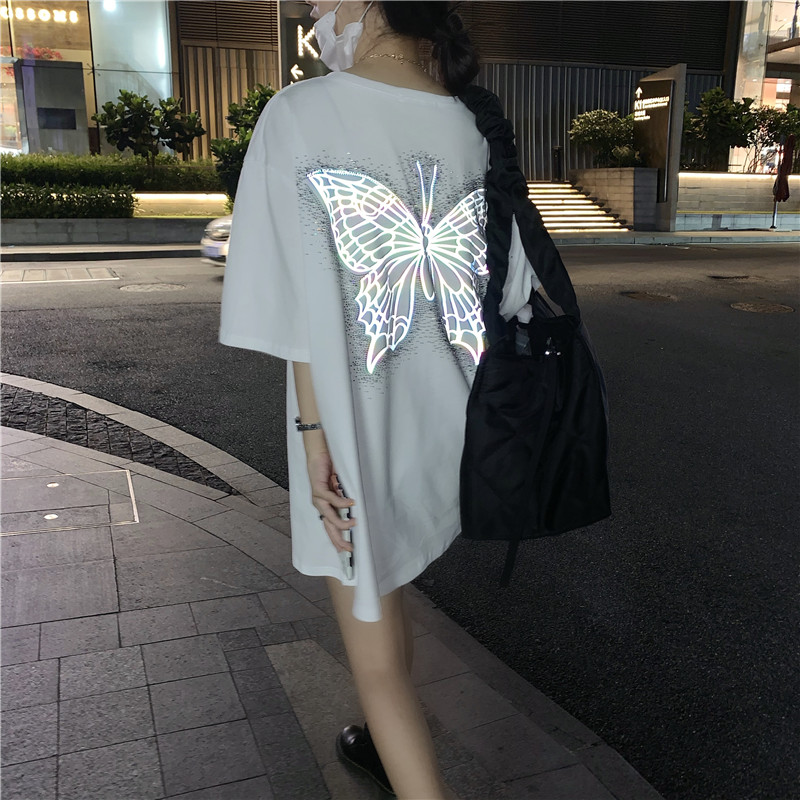 Color diamond luminous butterfly reflective design loose medium length T-shirt skirt women's lover's shirt