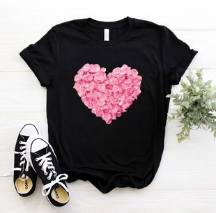 Women Print Flower Pink Heart Shirt粉色鲜花爱心印花女士T恤