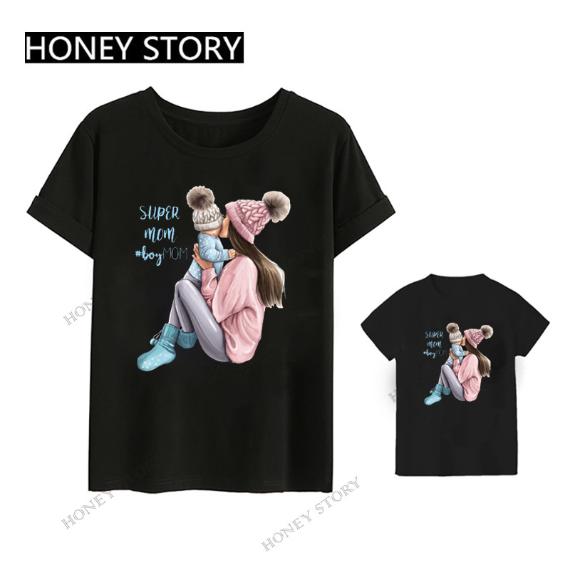 슈퍼 인기 여름 부모-자식 티셔츠 유럽과 미국의 핫 스타일 어머니의 날 모성애 시리즈 반팔 티셔츠 블랙