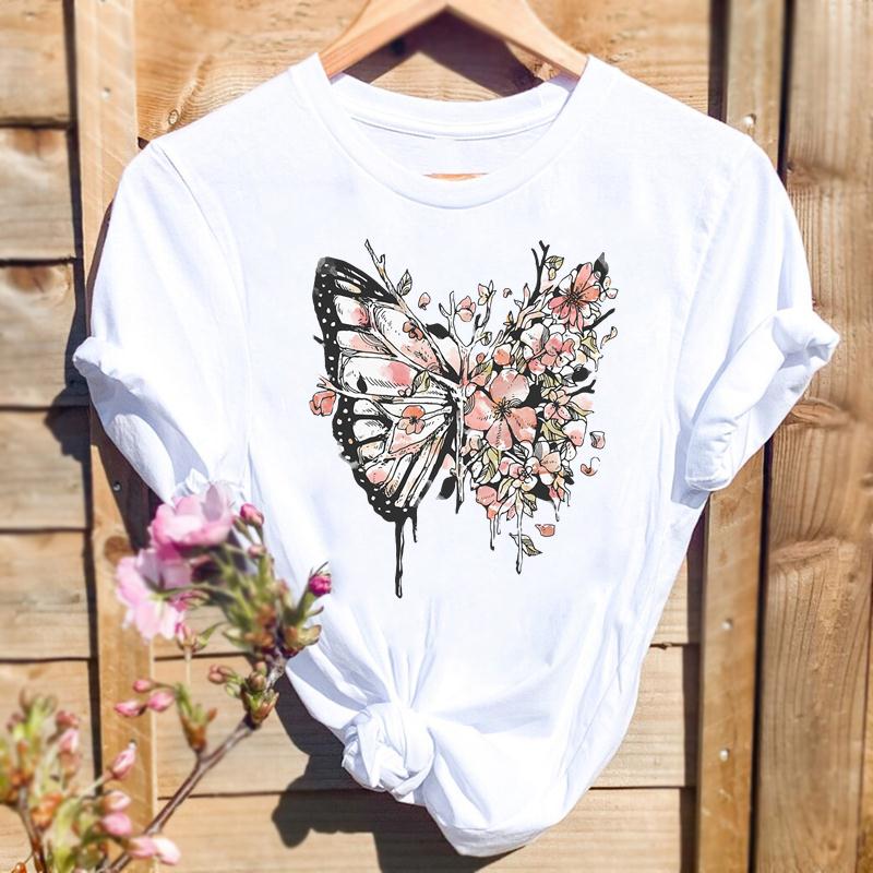 Watercolor Butterfly Floral T-shirt水彩蝴蝶花卉印花女圆领T恤