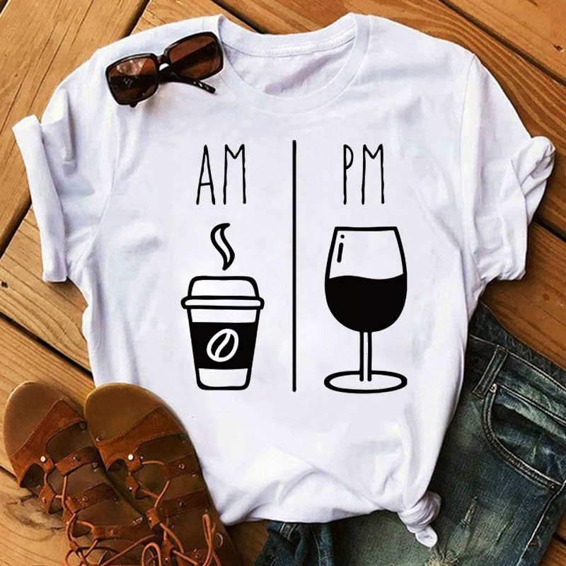 AM Coffee PM Red Wine Print T Shirt夏季时尚咖啡红酒艺术女T恤