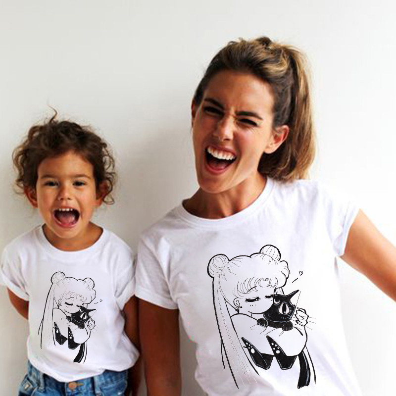 SAILOR MOON FAMILY T 셔츠 ANIME SAILOR MOON 부모-자식 인쇄 여성 T 셔츠 반팔