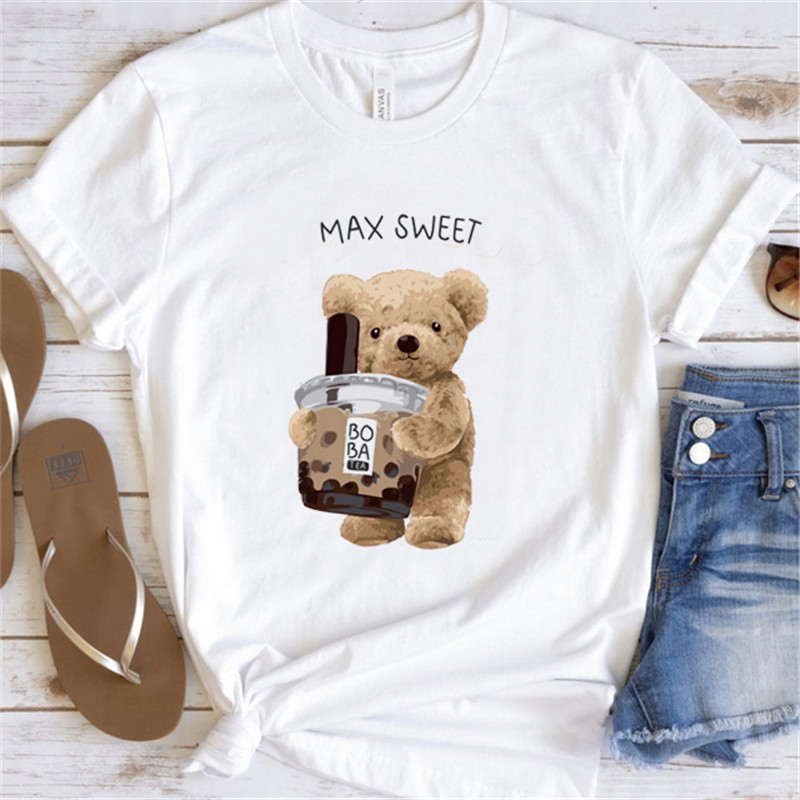 Cute Bear Print T-shirt卡通休闲可爱熊印花女式时尚T恤韩版潮流