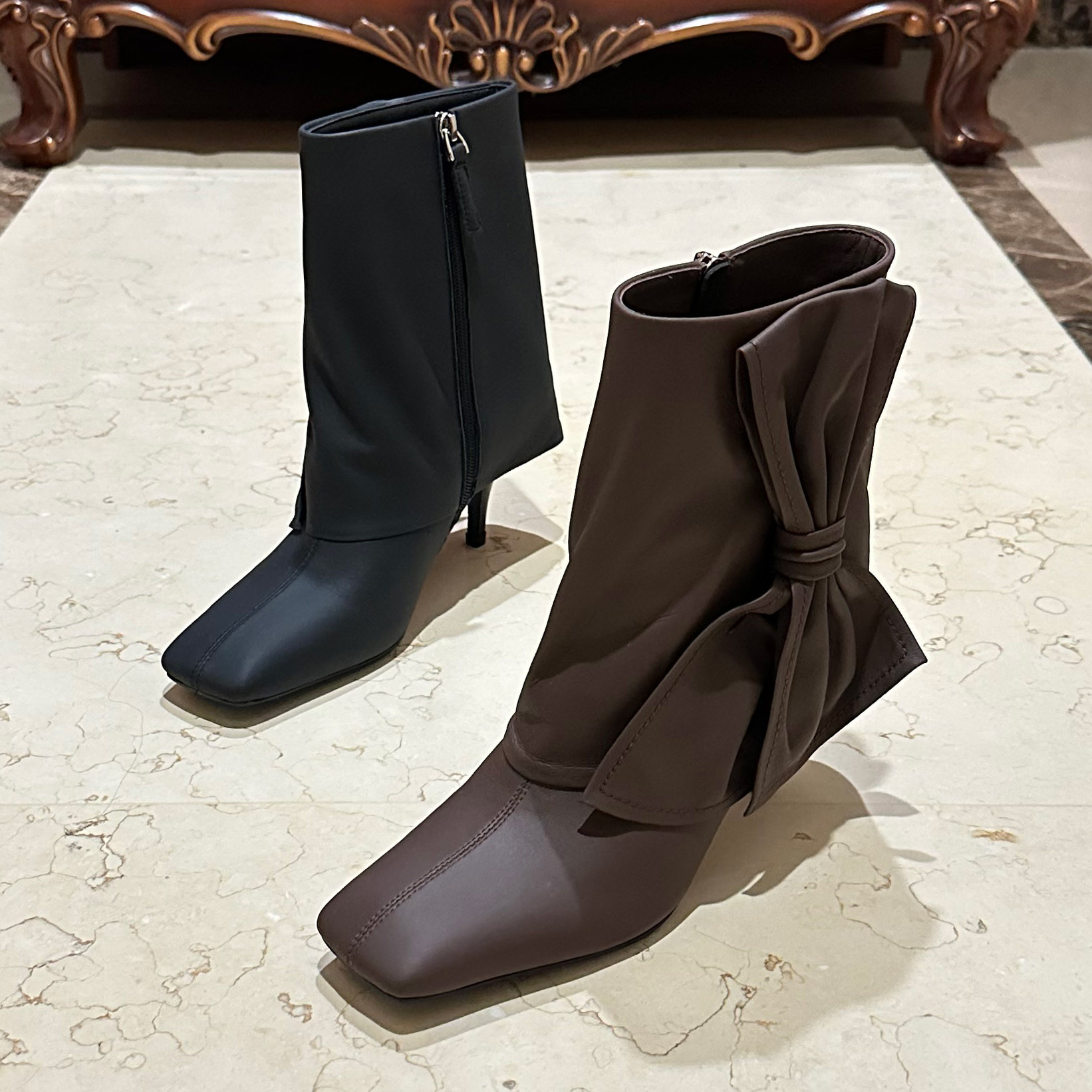 欧货2025秋冬新款女鞋方头细跟真皮蝴蝶结中筒瘦瘦鞋时尚短靴子潮,女鞋,时装靴,淘宝优惠券,粉丝福利购,淘宝优惠卷