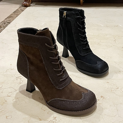 欧洲站秋冬新款女靴圆头防水台细跟加绒保暖马毛高跟磨砂真皮短靴