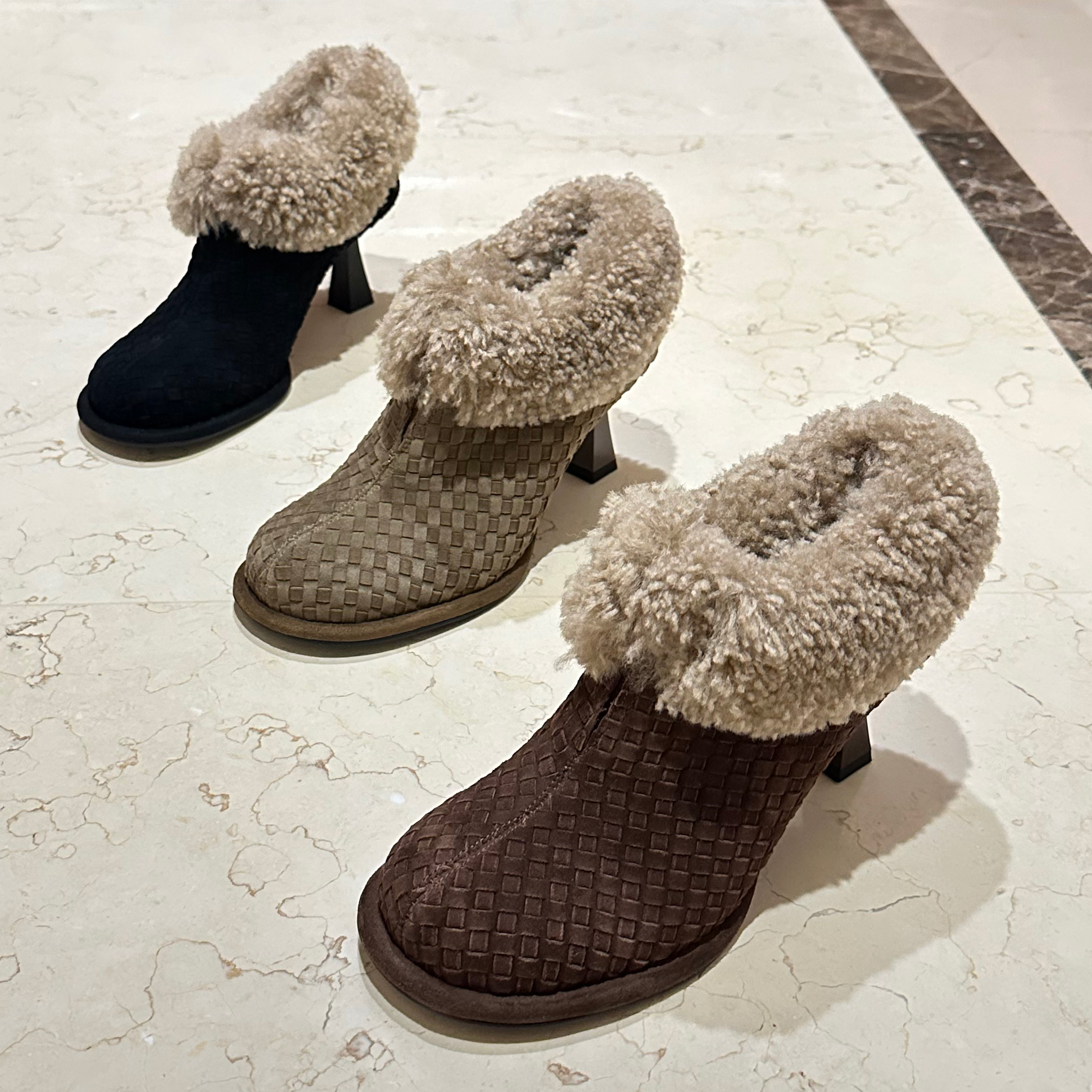 欧美2025冬新款女鞋圆头细跟编制皮真皮羊毛口时尚加绒高跟毛毛鞋