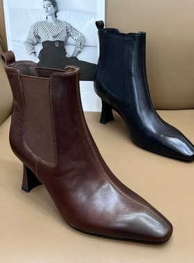 欧洲站秋新款女靴方头细跟胎牛皮静版真皮松紧口裸靴时尚百搭短靴