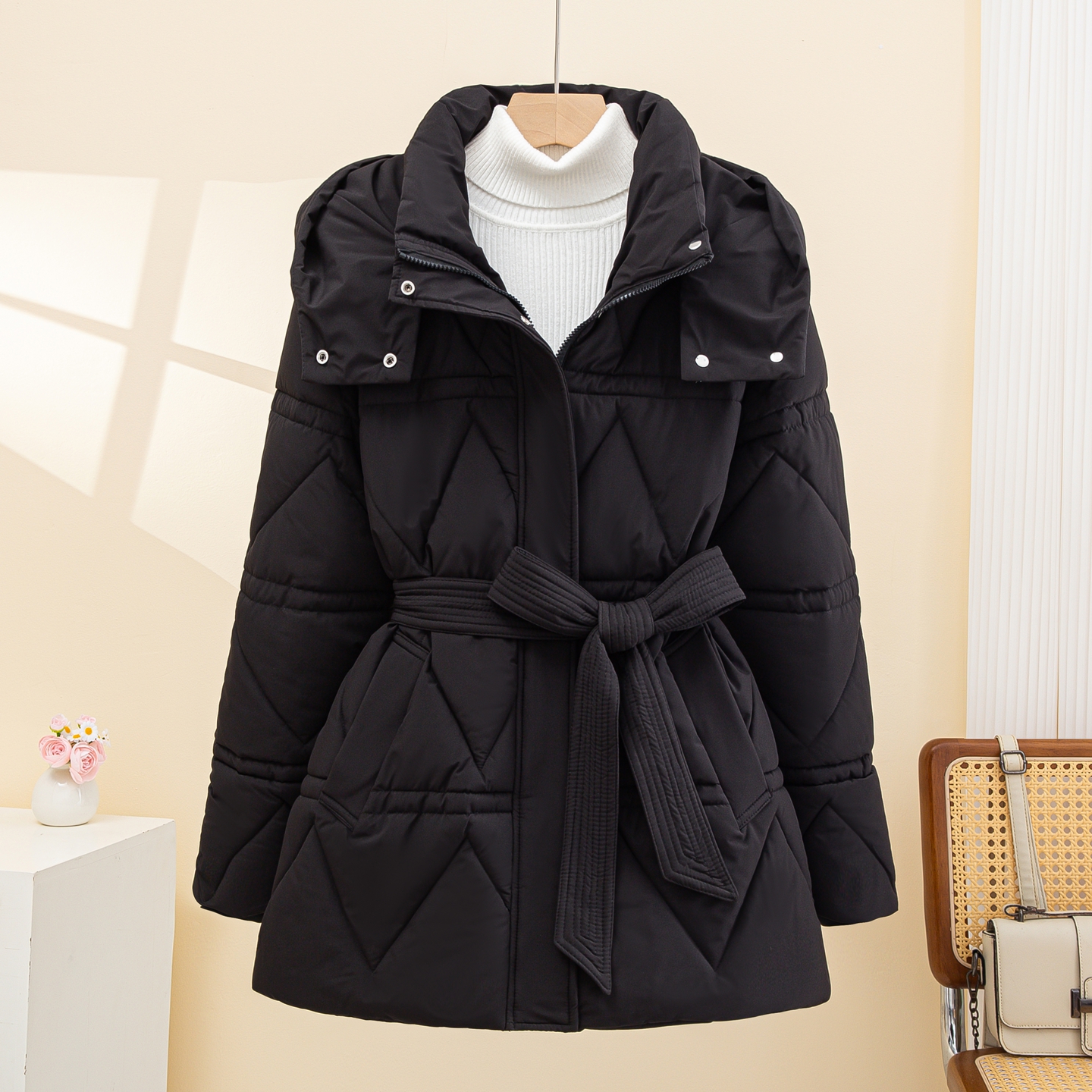 黑色羽绒棉服女2025年新款冬季爆款棉袄收腰棉衣高级感超好看外套
