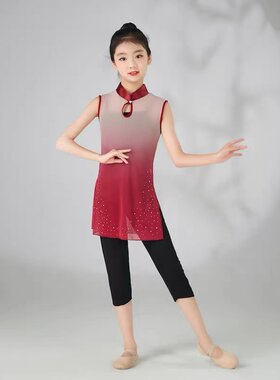 儿童古典女童酒红色渐变烫钻身韵