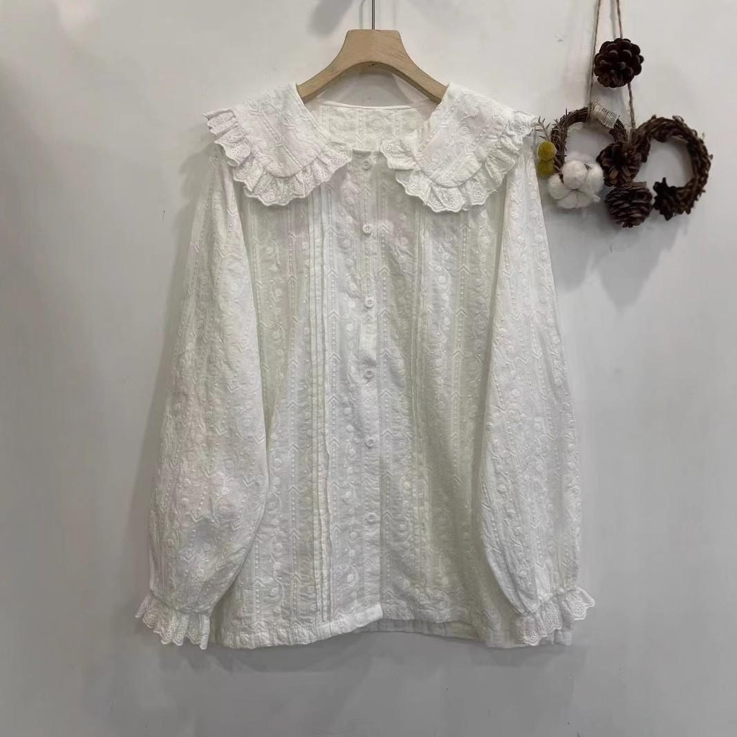 日系森系娃娃领刺绣提花棉衬衫女春季新款宽松百搭减龄小清新上衣