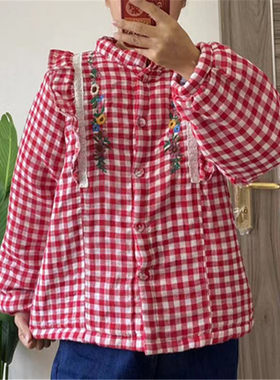 棉森系刺绣蕾丝贴布木耳边棉服