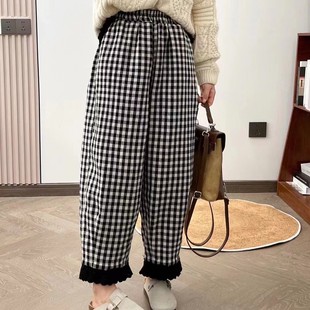 日系森系加棉格子哈伦裤女秋冬新款裤脚蕾丝翻边减龄文艺百搭裤子