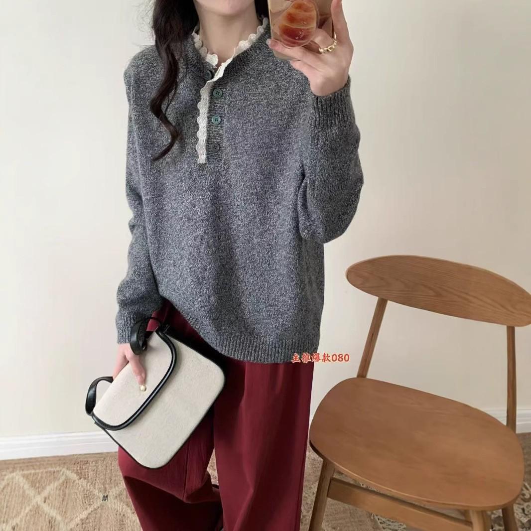 拼蕾丝木耳边针织毛衣日系圆领