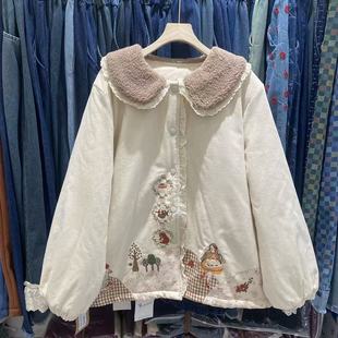 森系羊羔毛娃娃领灯芯绒加棉棉衣女冬季新款宽松百搭减龄刺绣棉服