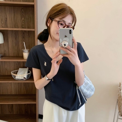 休闲百搭短袖棉质女V领宽松舒适