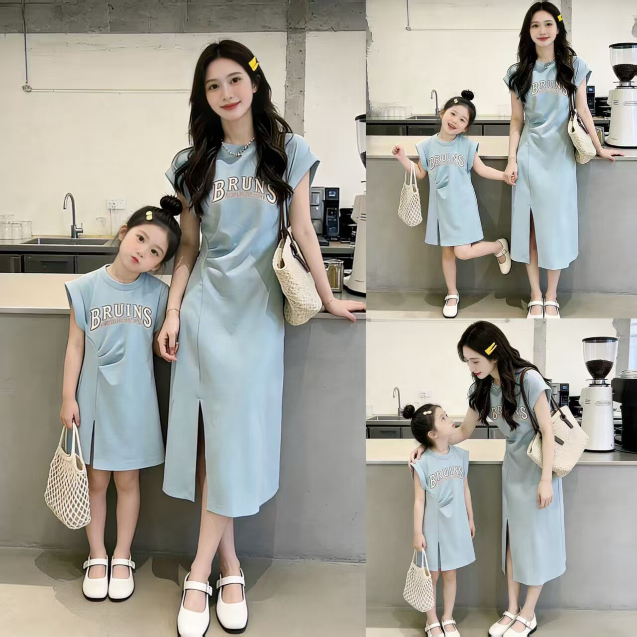 韩版女童亲子装2026夏季新品婴儿一家三口字母短袖T恤母女连衣裙
