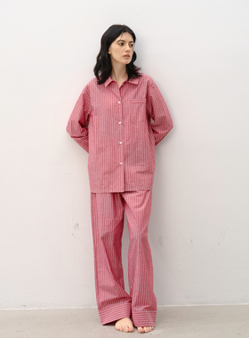 FORRETRO澄沙红条纹纯棉睡衣长袖长裤春夏秋高级感男女家居服外穿