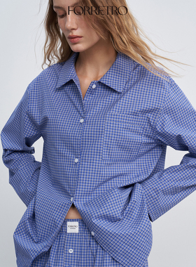 FORRETRO春夏新款经典蓝黑格纹衬衫可外穿高级感家居全棉睡衣套装