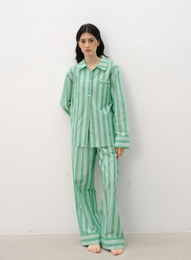 FORRETRO抹茶绿条纹纯棉睡衣长袖长裤春夏秋高级感男女家居服外穿