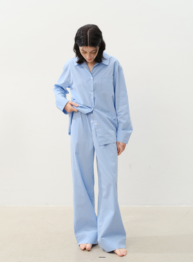 FORRETRO 氧气蓝条纹纯棉磨毛睡衣长袖长裤春秋冬男女家居服外穿