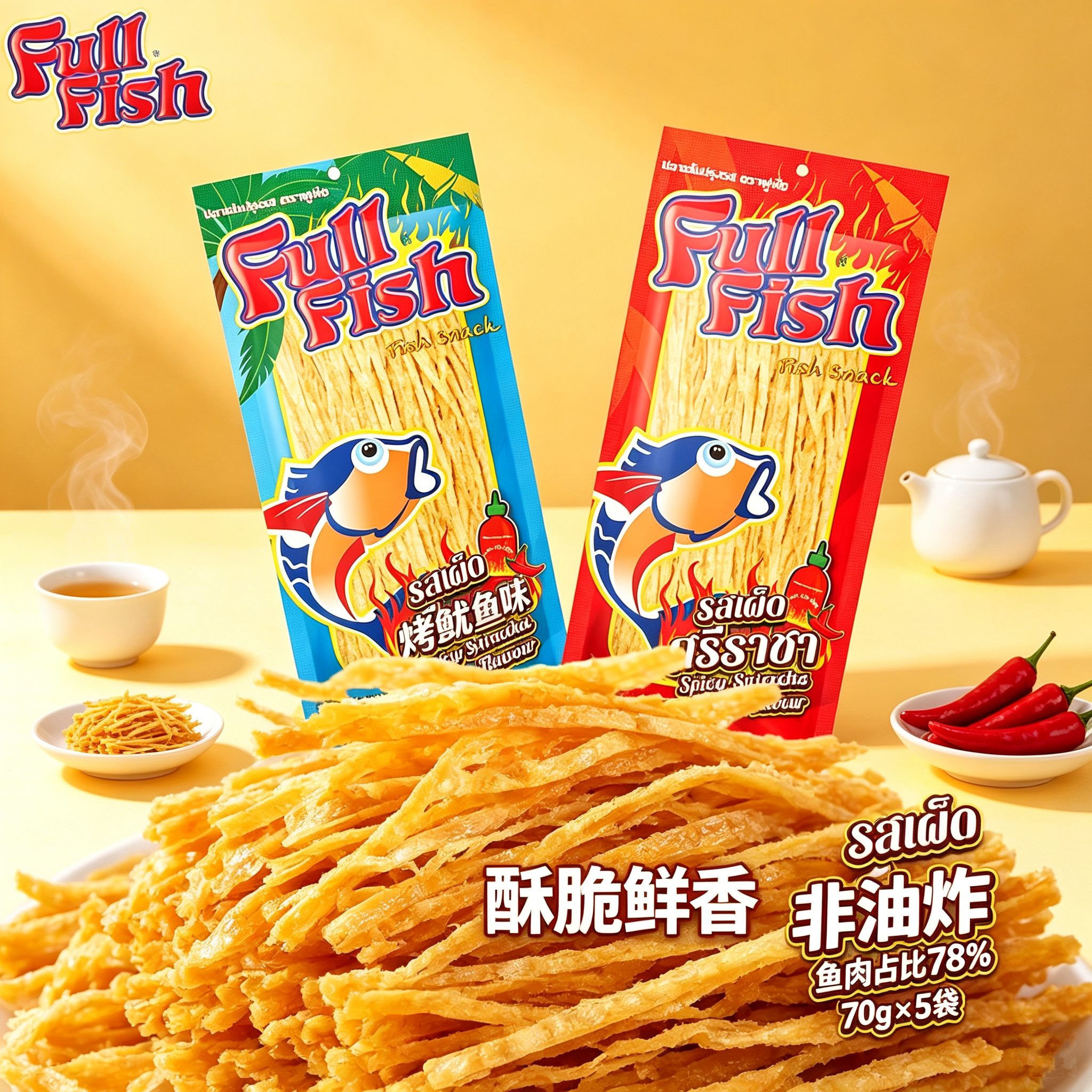 泰国原装进口Fullfish鱼丝香辣烧烤鱿鱼味70克即食网红休闲小零食