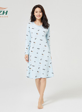 tzh天竹品牌秋季女士裙子家居服竹纤维柔软亲肤舒适清新蓝色睡衣