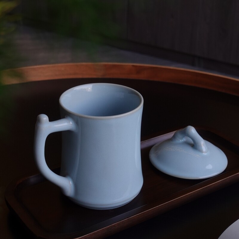 汝窑茶杯陶瓷带盖竹节泡茶杯办公杯会议个人水杯定制纪念杯子送礼