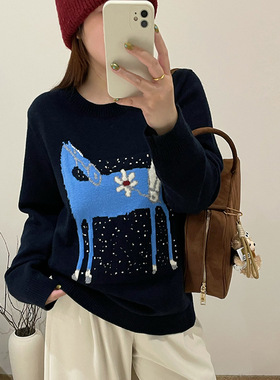 大码女装圆领提花针织衫宽松慵懒感毛衣2025冬胖mm休闲上衣23690